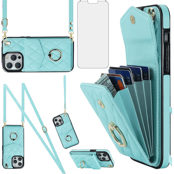 Asuwish Compatible with iPhone 14 Pro 6.1 inch Wallet Phone Case Tempered Glass Screen Protector and Ring RFID Card Holder Cell Cover for iPhone14Pro 5G i i-Phone i14 iPhone14 4 14Pro Women Teal
