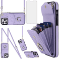 thumbnail image 1 of Asuwish Wallet RFID Blocking PU Leather Cell Phone Case with Tempered Glass Screen Protector, Wrist Strap for iPhone 14 Pro Max, Purple, 1 of 19