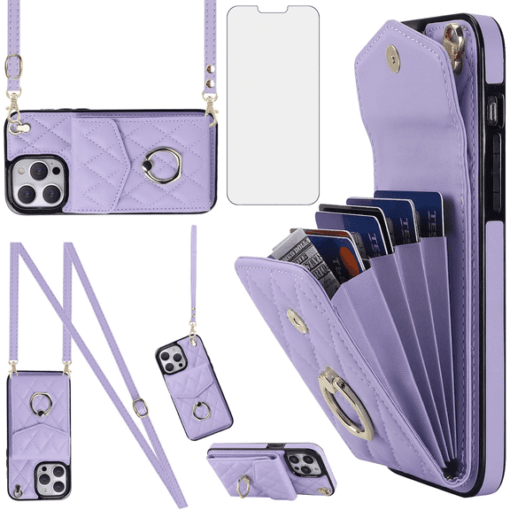 Asuwish Wallet RFID Blocking PU Leather Cell Phone Case with Tempered Glass Screen Protector, Wrist Strap for iPhone 14 Pro Max, Purple