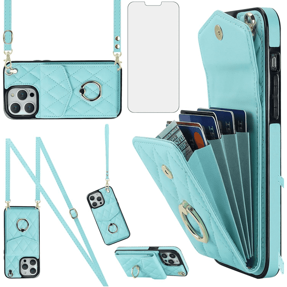 Asuwish Wallet RFID Blocking PU Leather Cell Phone Case with Tempered Glass Screen Protector, Wrist Strap for iPhone 14 Pro Max, Teal