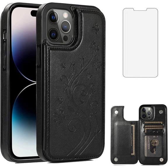 Asuwish Compatible with iPhone 14 Pro Max 6.7 inch Wallet Phone Case Screen Protector and Flower PU Leather Card Holder Stand Cell Cover for iPhone14promax 5G i Phone14Max Plus iPhone14 ProMax Black