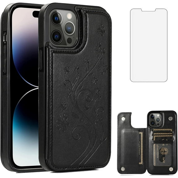Asuwish Compatible with iPhone 14 Pro Max 6.7 inch Wallet Phone Case Screen Protector and Flower PU Leather Card Holder Stand Cell Cover for iPhone14promax 5G i Phone14Max Plus iPhone14 ProMax Black