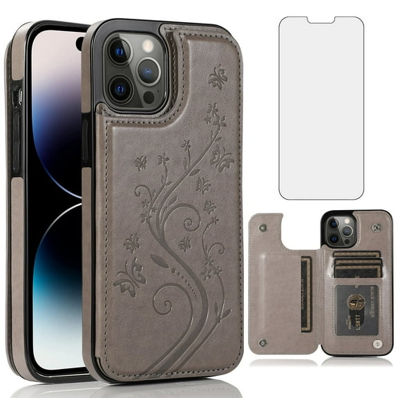 Asuwish Compatible with iPhone 14 Pro 6.1 inch Wallet Phone Case Tempered Glass Screen Protector and Flower Credit Card Holder Stand Cell Cover for iPhone14Pro 5G i i-Phone i14 iPhone14 4 14Pro Grey