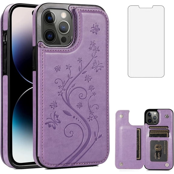 Asuwish Compatible with iPhone 14 Pro 6.1 inch Wallet Phone Case Tempered Glass Screen Protector and Flower Card Holder Stand Cell Cover for iPhone14Pro 5G i i-Phone i14 iPhone14 4 14Pro Women Purple