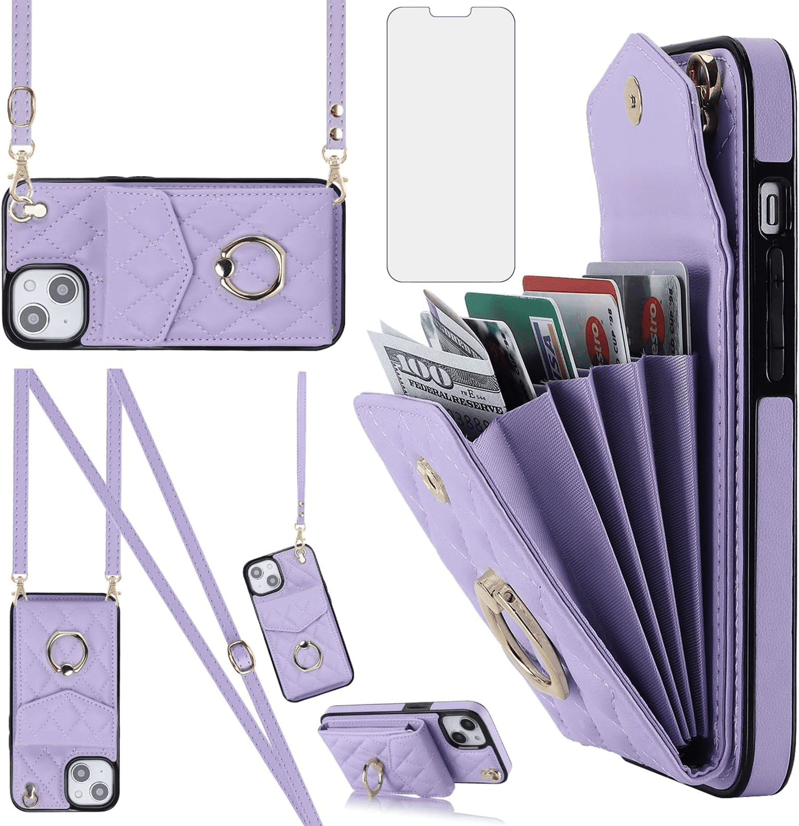 Asuwish Wallet RFID Blocking PU Leather Cell Phone Case with Tempered Glass Screen Protector, Wrist Strap for iPhone 15 Plus, Purple