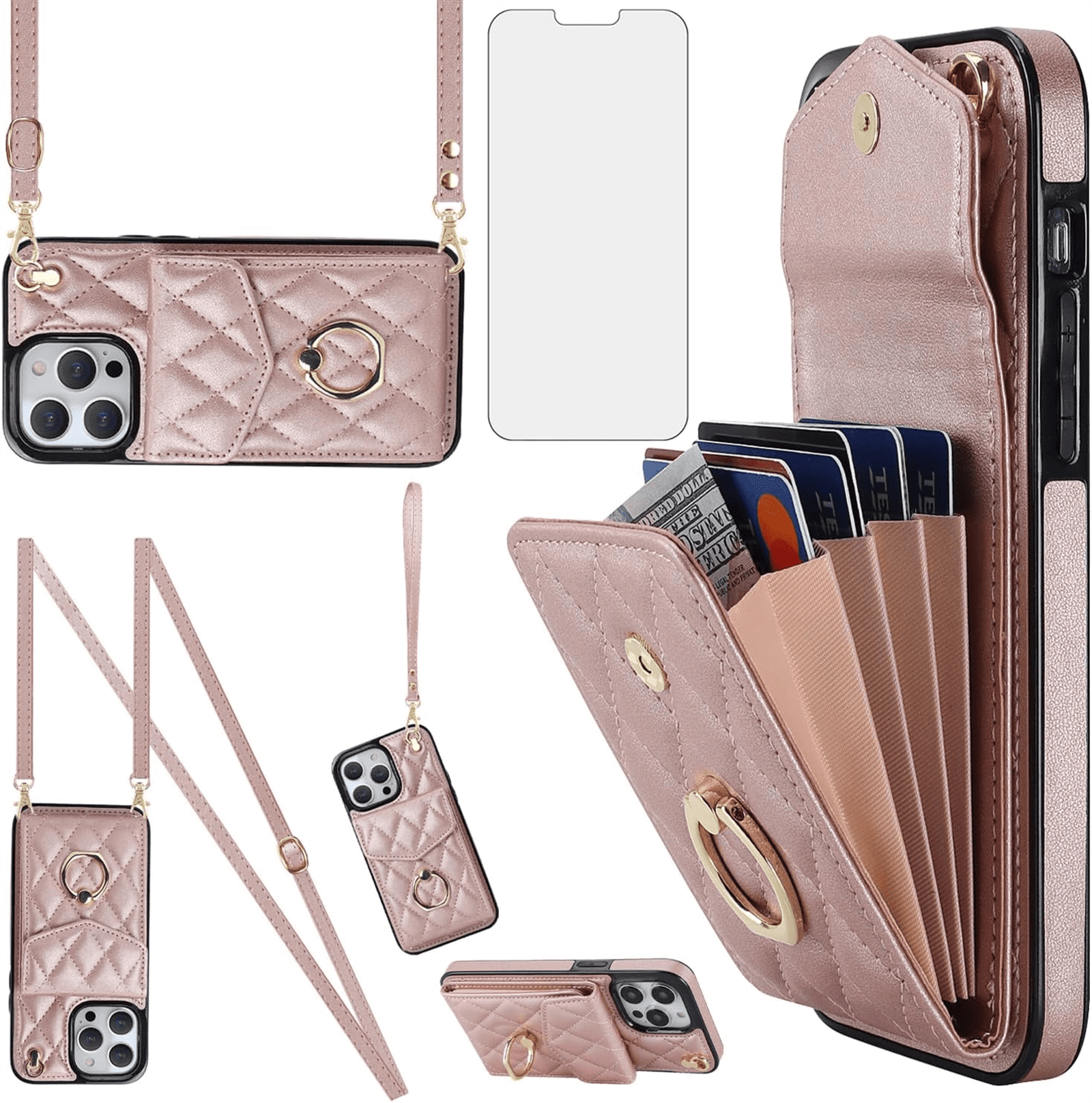 Asuwish Wallet RFID Blocking PU Leather Cell Phone Case with Tempered Glass Screen Protector, Wrist Strap for iPhone 15 Pro, Rose Gold