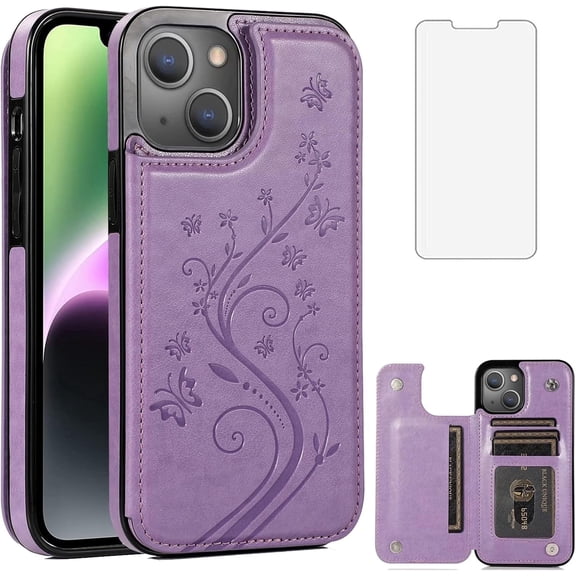Asuwish Compatible with iPhone 15 6.1 inch Wallet Phone Case Tempered Glass Screen Protector and Flower PU Leather Credit Card Holder Stand Slot Cell Cover for i Phone15 i15 15Case Women Men Purple
