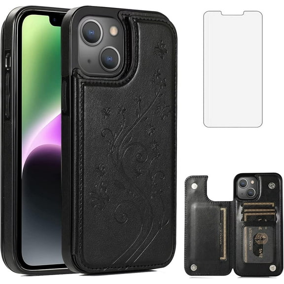 Asuwish Compatible with iPhone 15 Plus 6.7 inch Wallet Phone Case Tempered Glass Screen Protector and Flower PU Leather Credit Card Holder Stand Cell Cover for i Phone15 15+ i15 + 15Plus Women Black