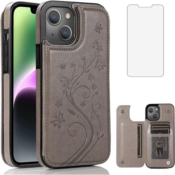 Asuwish Compatible with iPhone 15 Plus 6.7 inch Wallet Phone Case Tempered Glass Screen Protector and Flower PU Leather Credit Card Holder Stand Cell Cover for i Phone15 15+ i15 + 15Plus Women Grey