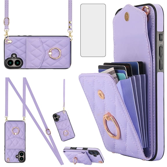 Asuwish Wallet RFID Blocking PU Leather Cell Phone Case with Tempered Glass Screen Protector, Wrist Strap for iPhone 16 Plus, Purple