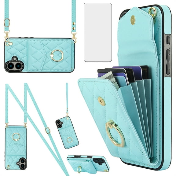 Asuwish Compatible with iPhone 16 Plus 6.7 inch Wallet Phone Case Tempered Glass Screen Protector and Wrist Strap Ring RFID Card Holder PU Leather Cell Cover for i Phone16 16+ i16 + 16Plus Women Teal