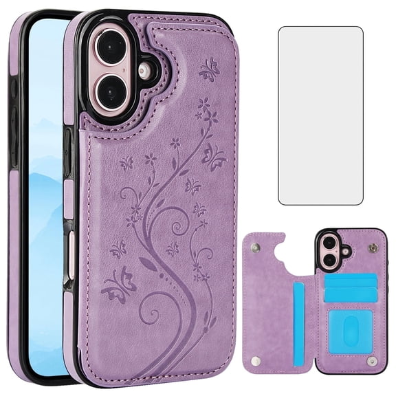 Asuwish Compatible with iPhone 16 Plus 6.7 inch Wallet Phone Case Tempered Glass Screen Protector and Flower PU Leather Credit Card Holder Stand Cell Cover for i Phone16 16+ i16 + 16Plus Women Purple