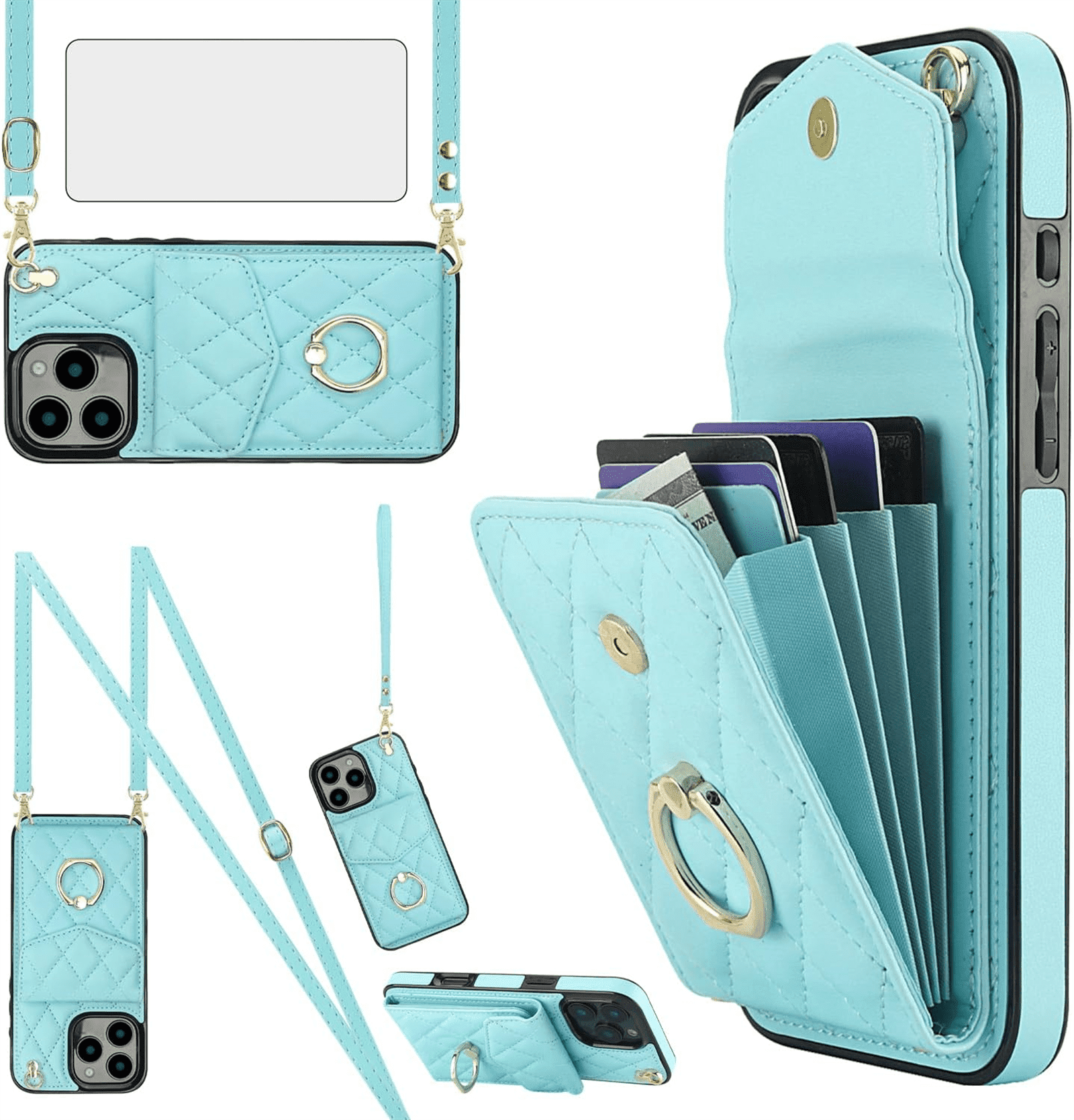 Asuwish Wallet RFID Blocking PU Leather Cell Phone Case with Tempered Glass Screen Protector, Wrist Strap for iPhone 16 Pro, Teal