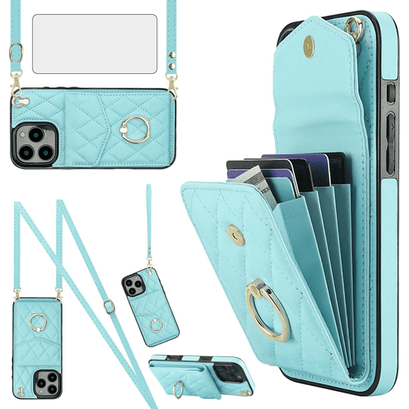 Asuwish Wallet RFID Blocking PU Leather Cell Phone Case with Tempered Glass Screen Protector, Wrist Strap for iPhone 16 Pro, Teal