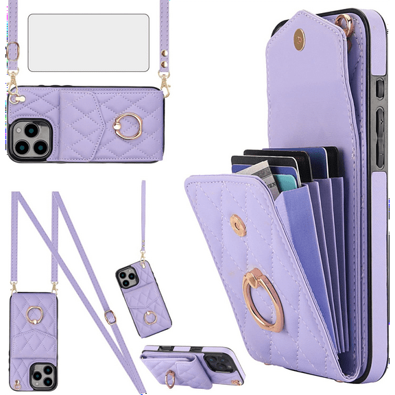 Asuwish Compatible with iPhone 16 Pro Max 6.9 inch Wallet Phone Case Tempered Glass Screen Protector and Ring RFID Credit Card Holder Cell Cover for i Phone16 16Pro i16 ProMax 16ProMax Women Purple