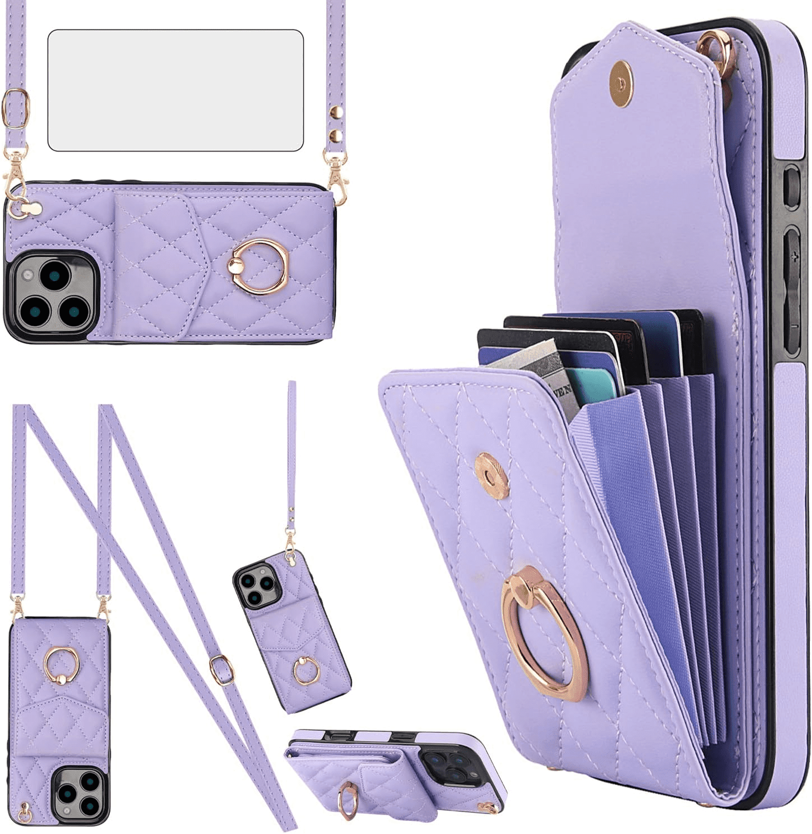 Asuwish Wallet RFID Blocking PU Leather Cell Phone Case with Tempered Glass Screen Protector, Wrist Strap for iPhone 16 Pro Max, Purple