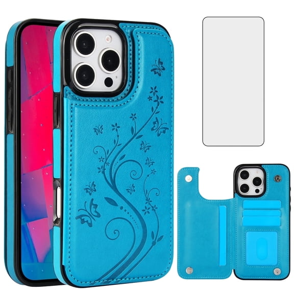 Asuwish Compatible with iPhone 16 Pro Max 6.9 inch Wallet Phone Case Tempered Glass Screen Protector and Flower PU Leather Card Holder Stand Cell Cover for i Phone16 16Pro i16 ProMax 16ProMax Blue