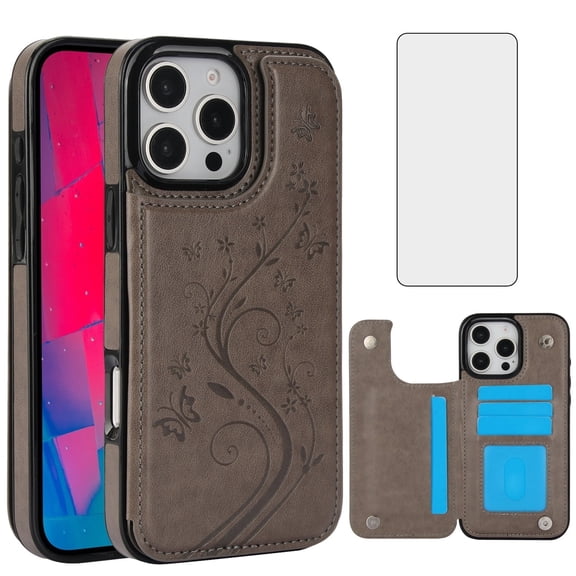 Asuwish Compatible with iPhone 16 Pro Max 6.9 inch Wallet Phone Case Tempered Glass Screen Protector and Flower PU Leather Card Holder Stand Cell Cover for i Phone16 16Pro i16 ProMax 16ProMax Grey