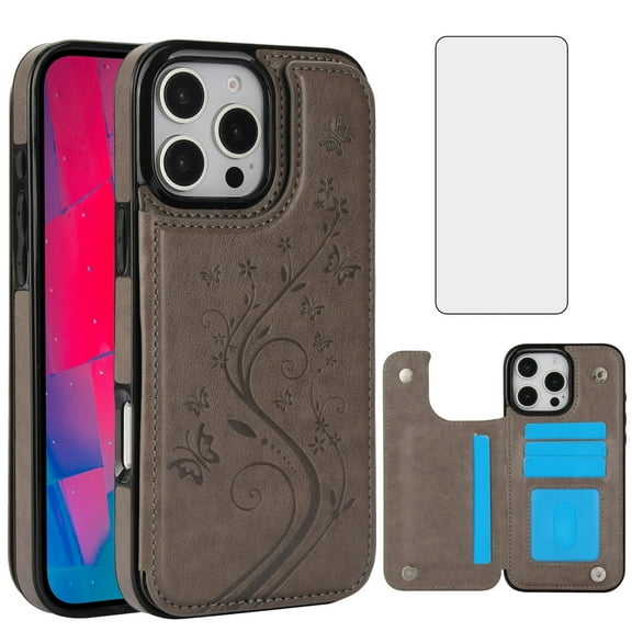 Asuwish Compatible with iPhone 16 Pro 6.3 inch Wallet Phone Case Tempered Glass Screen Protector and Flower PU Leather Credit Card Holder Stand Slot Cell Cover for i Phone16 i16 16Pro Women Men Grey