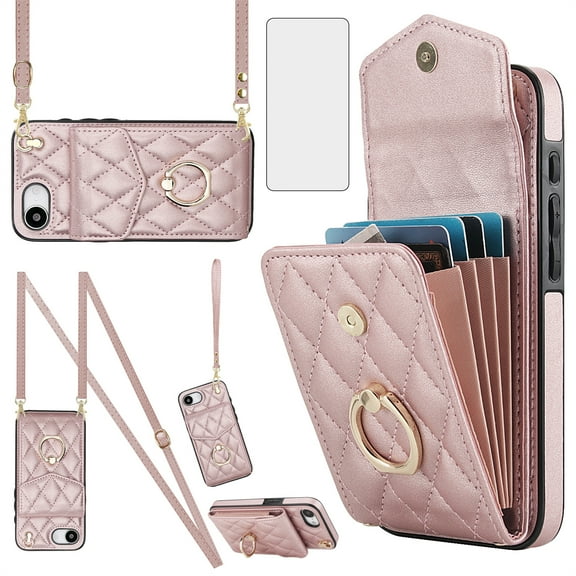 Asuwish Compatible with iPhone 16e/SE 2025/SE 4 Wallet Phone Case Screen Protector and Wrist Strap Ring RFID Card Holder Cell Cover for i Phone16e i16e 16 e SE4 4th Generation 16eCase Women RoseGold