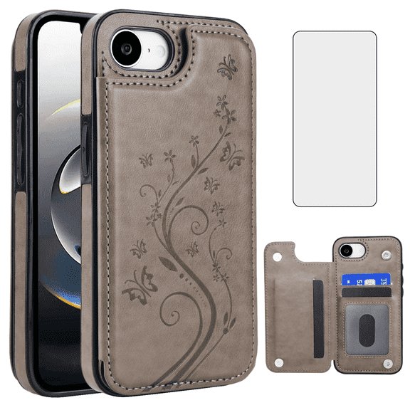 Asuwish Compatible with iPhone 16e/SE 2025/SE 4 Wallet Phone Case Tempered Glass Screen Protector and Flower Card Holder Stand Cell Cover for i Phone16e i16e 16 e SE4 4th Generation 16eCase Men Grey
