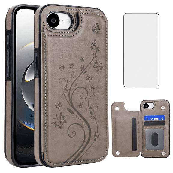 Asuwish Compatible with iPhone 16e/SE 2025/SE 4 Wallet Phone Case Tempered Glass Screen Protector and Flower Card Holder Stand Cell Cover for i Phone16e i16e 16 e SE4 4th Generation 16eCase Men Grey