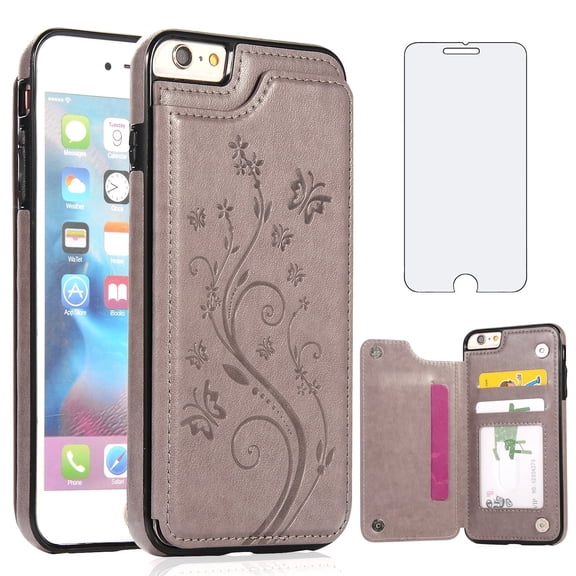 Asuwish Compatible with iPhone 6plus 6splus 6/6s Plus Wallet Phone Case Screen Protector and Flower PU Leather Card Holder Stand Cell Cover for iPhone6 6+ iPhone6s 6s+ i 6P 6a S Six iPhone6splus Grey