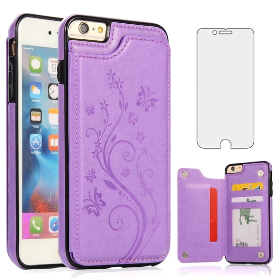 Asuwish Compatible with iPhone 6 6s Wallet Phone Case Tempered Glass Screen Protector and Flower Credit Card Holder Stand Cell Cover for iPhone6 Six i6 S iPhone6s i Phone6s Phone6 6a S6 6SE Purple