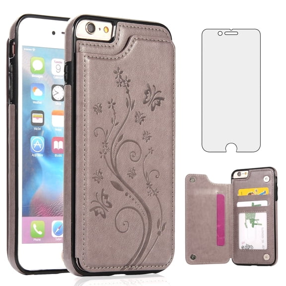 Asuwish Compatible with iPhone 6 6s Wallet Phone Case Tempered Glass Screen Protector and Flower PU Leather Card Holder Stand Cell Cover for iPhone6 Six i6 S iPhone6s i Phone6s Phone6 6a S6 6SE Grey