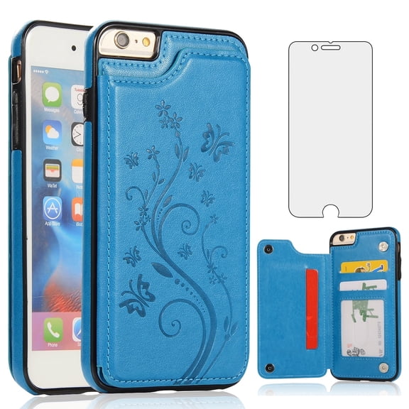 Asuwish Compatible with iPhone 6 6s Wallet Phone Case Tempered Glass Screen Protector and Flower PU Leather Card Holder Stand Cell Cover for iPhone6 Six i6 S iPhone6s i Phone6s Phone6 6a S6 6SE Blue