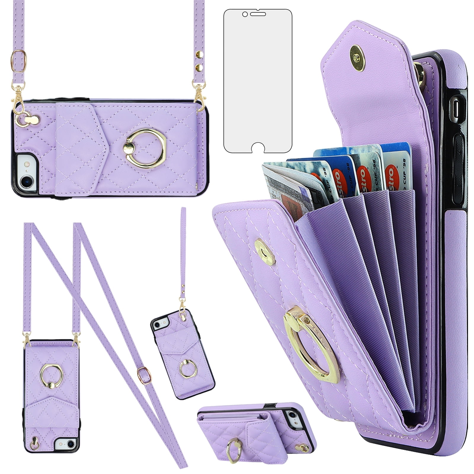 Asuwish Wallet RFID Blocking PU Leather Cell Phone Case with Tempered Glass Screen Protector, Wrist Strap for iPhone 7/8, Purple