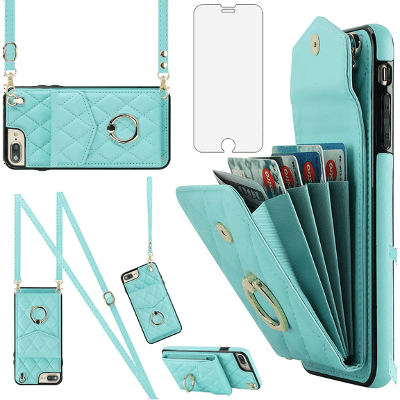 Asuwish Compatible with iPhone 7plus 8plus 7/8 Plus Wallet Phone Case Tempered Glass Screen Protector and Ring RFID Card Holder Cell Cover for i Phone7s 7s + 7+ 8s 8+ Phones8 7p 8p Women Girls Purple