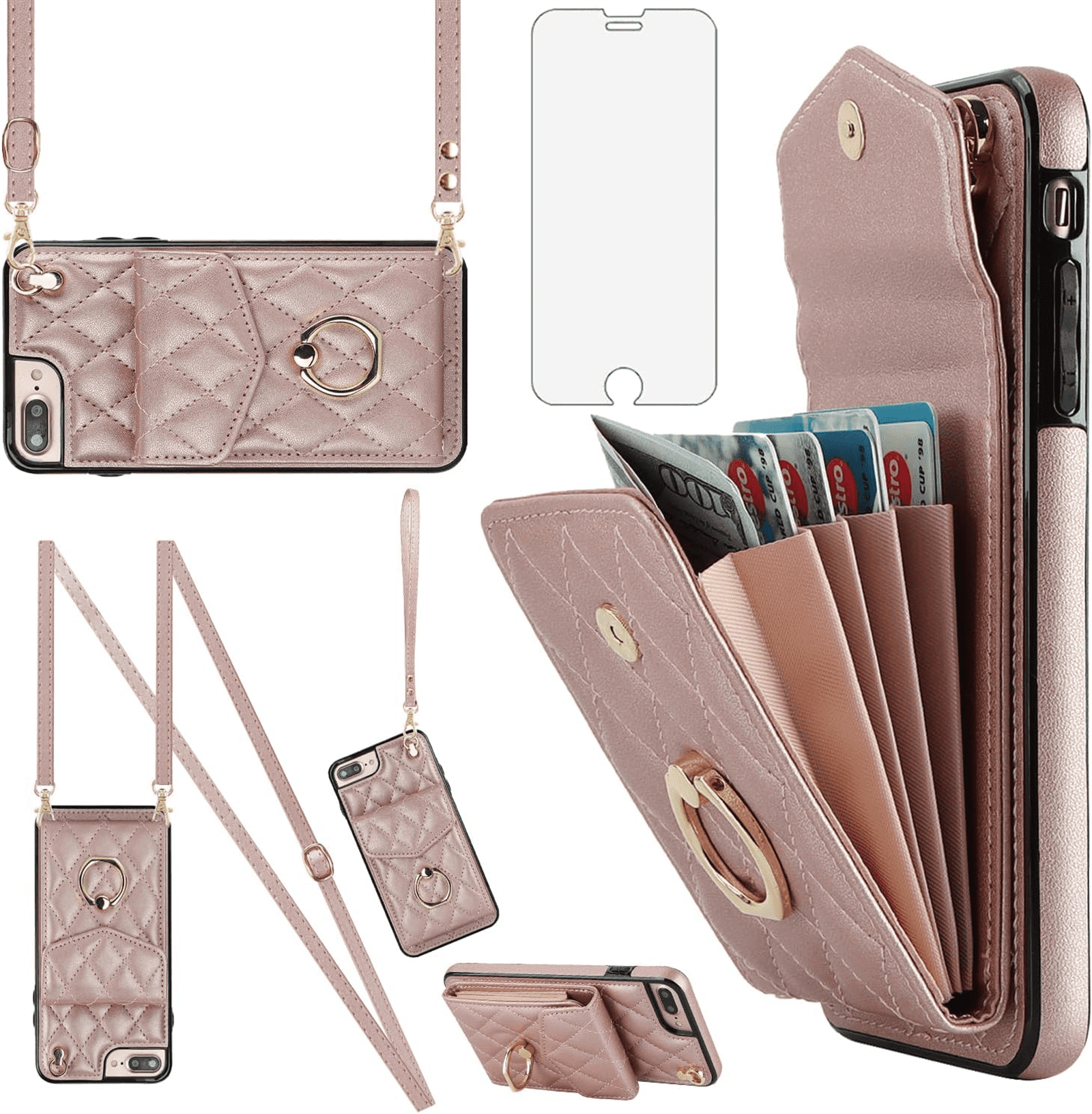 Asuwish Wallet RFID Blocking PU Leather Cell Phone Case with Tempered Glass Screen Protector, Wrist Strap for iPhone 7 Plus/8 Plus, Rose Gold