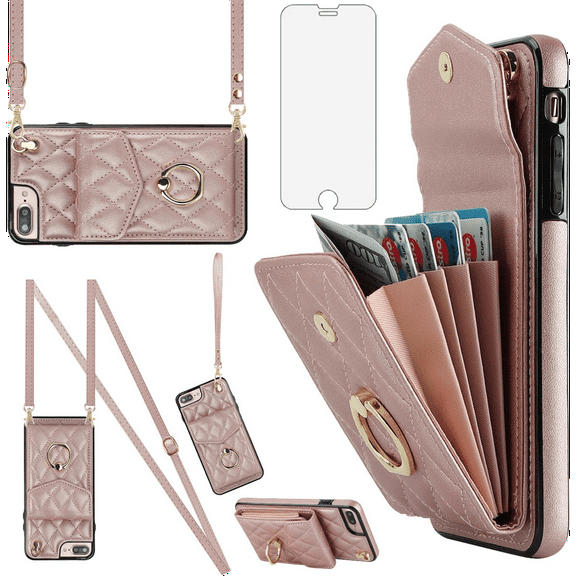 Asuwish Compatible with iPhone 7plus 8plus 7/8 Plus Wallet Phone Case Tempered Glass Screen Protector and Ring RFID Card Holder Cell Cover for i Phone7s 7s + 7+ 8s 8+ Phones8 7p 8p Women RoseGold