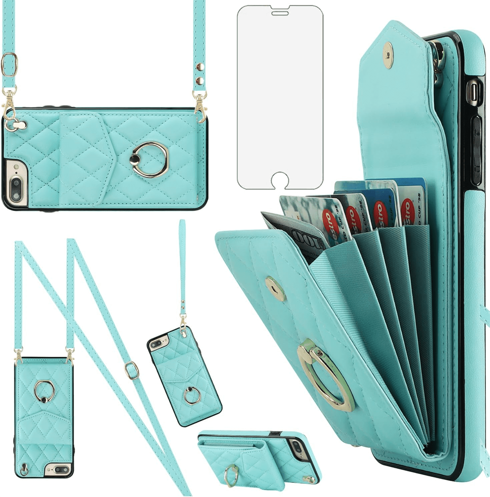 Asuwish Wallet RFID Blocking PU Leather Cell Phone Case with Tempered Glass Screen Protector, Wrist Strap for iPhone 7 Plus/8 Plus, Teal
