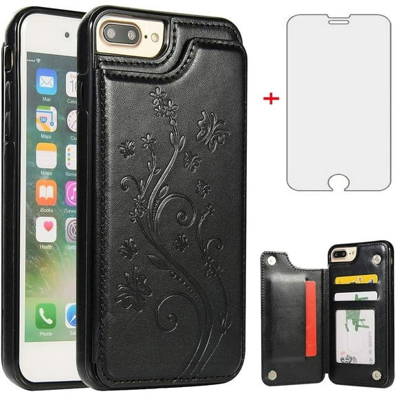 Asuwish Compatible with iPhone 7plus 8plus 7/8 Plus Wallet Phone Case Tempered Glass Screen Protector and Flower Credit Card Holder Stand Cell Cover for i Phone7s 7s + 7+ 8s 8+ Phones8 7p 8p Black