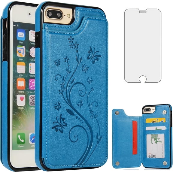 Asuwish Compatible with iPhone 7plus 8plus 7/8 Plus Wallet Phone Case Tempered Glass Screen Protector and Flower PU Leather Card Holder Stand Cell Cover for i Phone7s 7s + 7+ 8s 8+ Phones8 7p 8p Blue