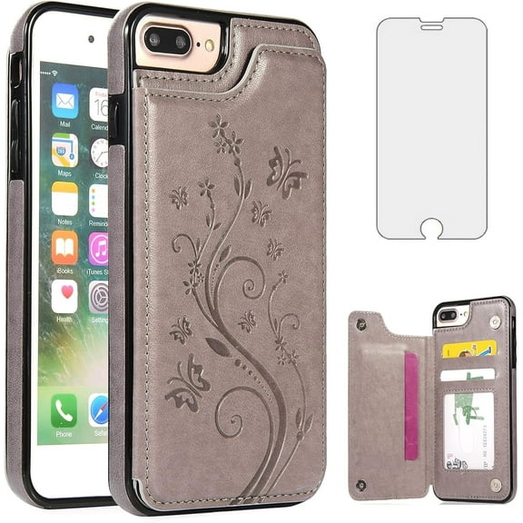 Asuwish Compatible with iPhone 7plus 8plus 7/8 Plus Wallet Phone Case Tempered Glass Screen Protector and Flower PU Leather Card Holder Stand Cell Cover for i Phone7s 7s + 7+ 8s 8+ Phones8 7p 8p Grey