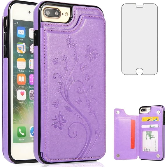 Asuwish Compatible with iPhone 7plus 8plus 7/8 Plus Wallet Phone Case Tempered Glass Screen Protector and Flower Credit Card Holder Stand Cell Cover for i Phone7s 7s + 7+ 8s 8+ Phones8 7p 8p Purple