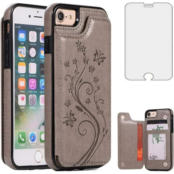 Compatible with iPhone 7/8/SE 2020/2022 Wallet Phone Case Screen Protector Flower Card Holder Stand Cell Cover for iPhone7 iPhone8 7s 8s i SE2020 SE2022 2/2nd/3/3rd Generation SE2 SE3 7SE 8SE Grey