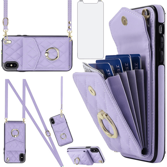 Asuwish Compatible with iPhone Xs X 10 10s Wallet Phone Case Tempered Glass Screen Protector and Ring RFID Card Holder Cell Cover for iPhoneX iPhoneXs iPhone10 i PhoneX SX 10x 10xs X’s Women Purple