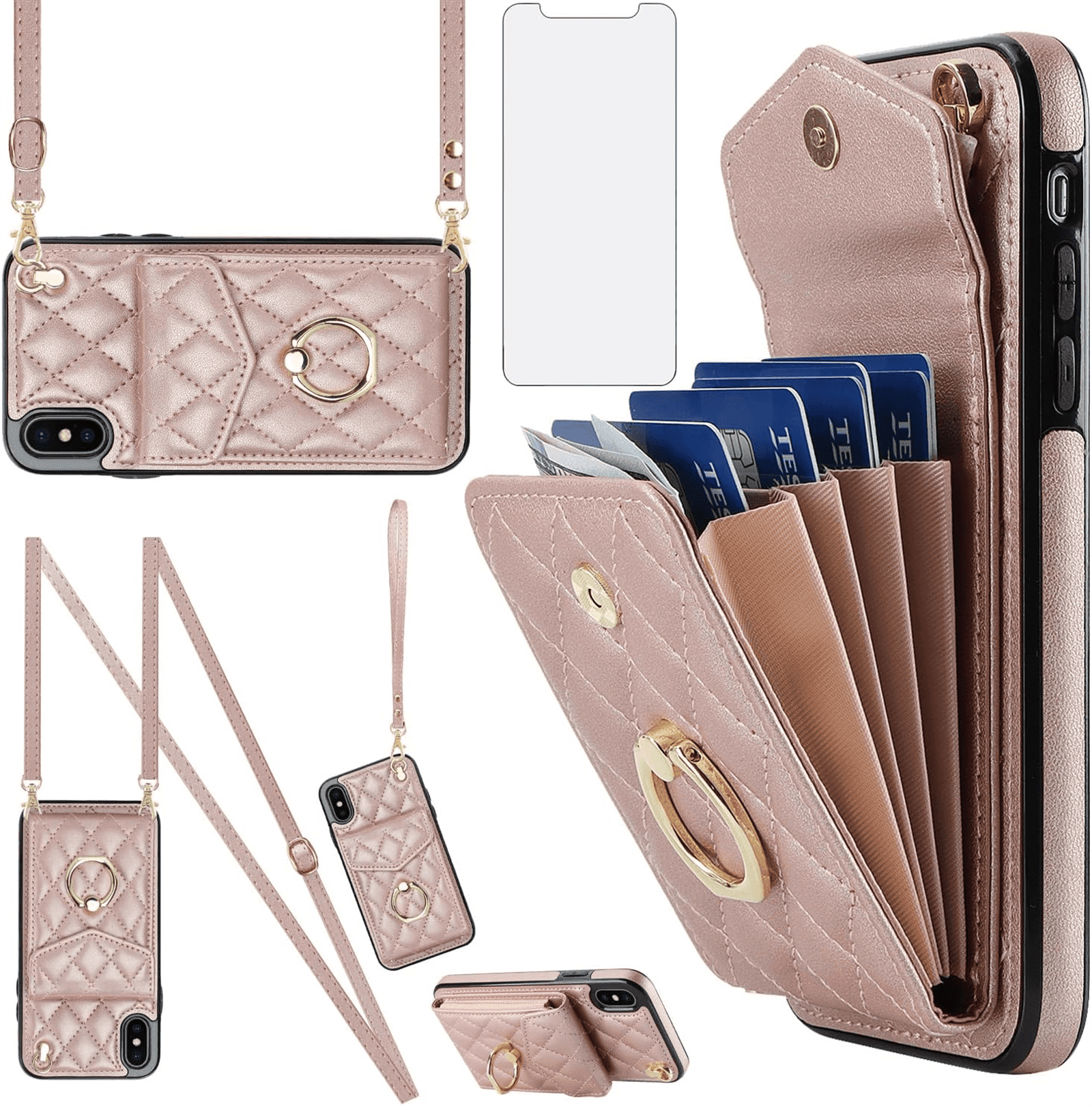 Asuwish Wallet RFID Blocking PU Leather Cell Phone Case with Tempered Glass Screen Protector, Wrist Strap for iPhone X/XS, Rose Gold
