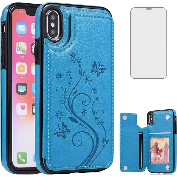 Asuwish Compatible with iPhone Xs X 10 10s Wallet Phone Case Tempered Glass Screen Protector and Flower Credit Card Holder Stand Cell Cover for iPhoneX iPhoneXs iPhone10 i PhoneX SX 10x 10xs X’s Blue