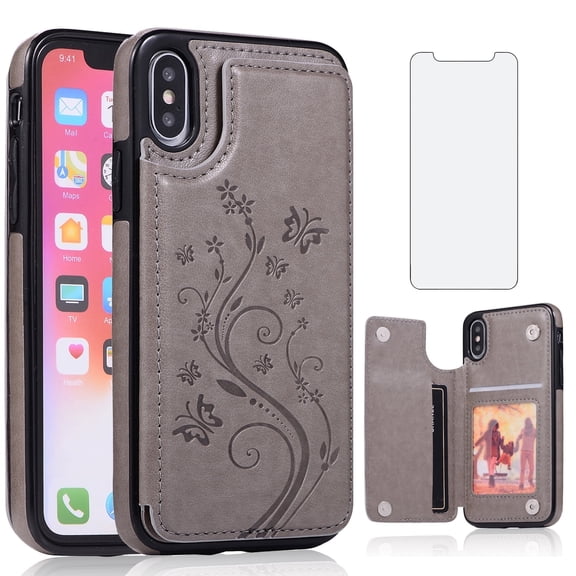 Asuwish Compatible with iPhone Xs X 10 10s Wallet Phone Case Tempered Glass Screen Protector and Flower Credit Card Holder Stand Cell Cover for iPhoneX iPhoneXs iPhone10 i PhoneX SX 10x 10xs X’s Grey