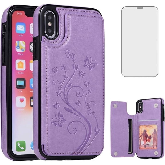 Asuwish Compatible with iPhone Xs X 10 10s Wallet Phone Case Tempered Glass Screen Protector and Flower Card Holder Stand Cell Cover for iPhoneX iPhoneXs iPhone10 i PhoneX SX 10x 10xs X’s Men Purple