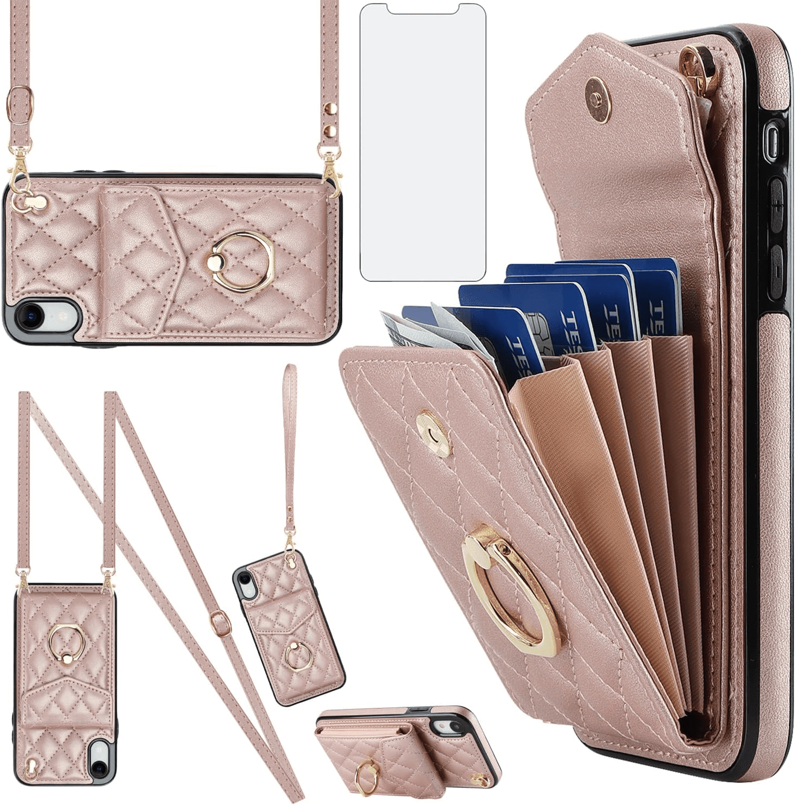 Asuwish Wallet RFID Blocking PU Leather Cell Phone Case with Tempered Glass Screen Protector, Wrist Strap for iPhone XR, Rose Gold