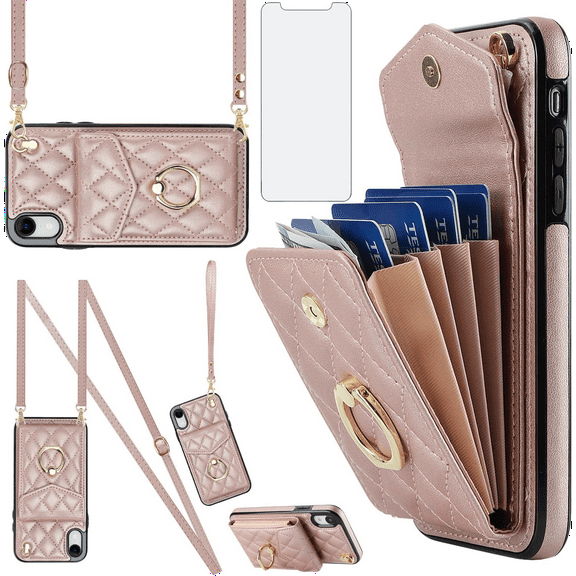 Asuwish Compatible with iPhone XR 6.1 Wallet Phone Case Screen Protector and Wrist Strap Ring RFID Card Holder Cell Cover for iPhoneXR iPhone10R i Phonex 10XR 10R RX CR iPhoneXRcases Women RoseGold