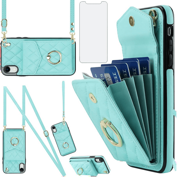 Asuwish Compatible with iPhone XR 6.1 Wallet Phone Case Tempered Glass Screen Protector and Ring RFID Card Holder Cell Cover for iPhoneXR iPhone10R i Phonex 10XR 10R RX CR iPhoneXRcases Women Teal