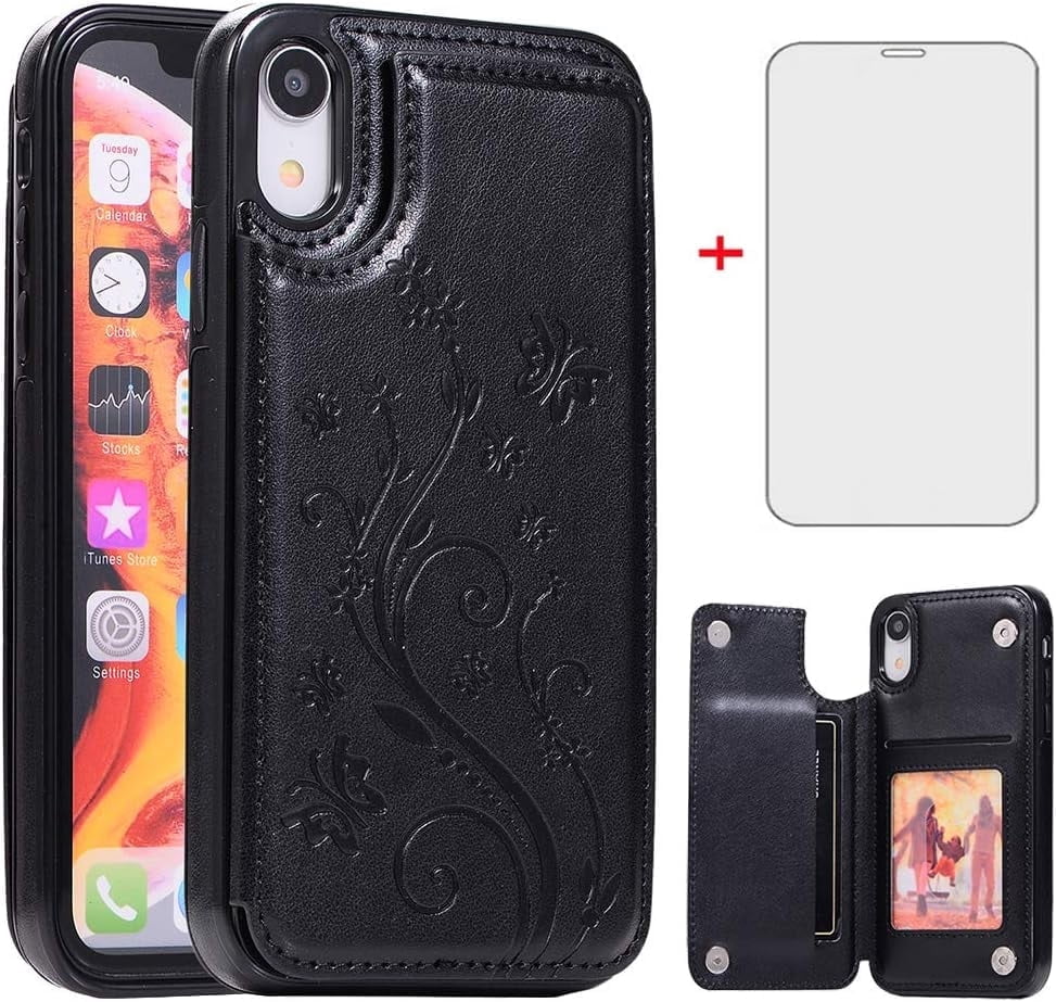 Asuwish Custodia A Portafoglio Per IPhone XR Con Vetro Temperato: 6 Scomparti Carte, Cinturino E Supporto - Colore Nero