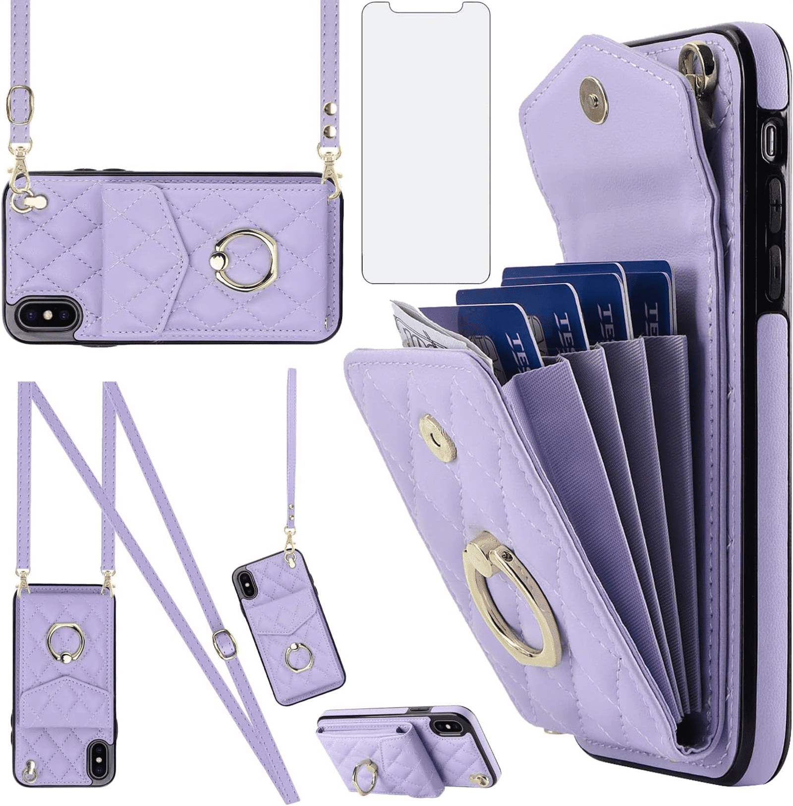 Asuwish Wallet RFID Blocking PU Leather Cell Phone Case with Tempered Glass Screen Protector, Wrist Strap for iPhone XS Max, Purple